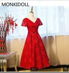 Robe De Soiree Красное Кружевное короткое чайное платье трапециевидной формы для выпускного вечера платье с v-образным вырезом и коротким