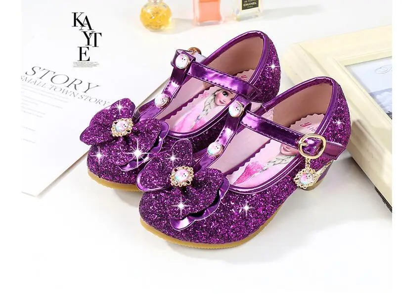 Sapatos de Casamento Sandálias de Salto Sapatos de Festa Moda com Arco Meninas Brilhar Nova Marca Alto Crianças Elsa Princesa Crianças Dança da 16 Meninas sapatos de casamento glitter nova marca