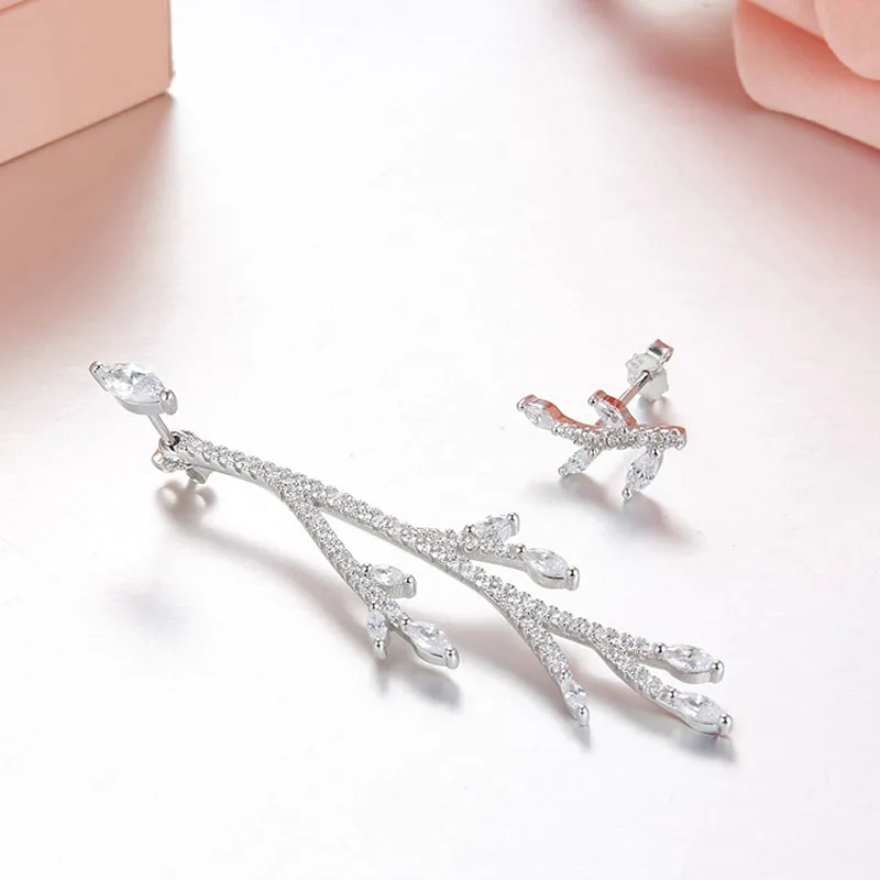 

SLJELY Fashion 925 Sterling Silver 3 Gold Color Asymmetric Tree Branch Leaf AB Earrings Micro Zircon Stones Women Monaco Jewelry