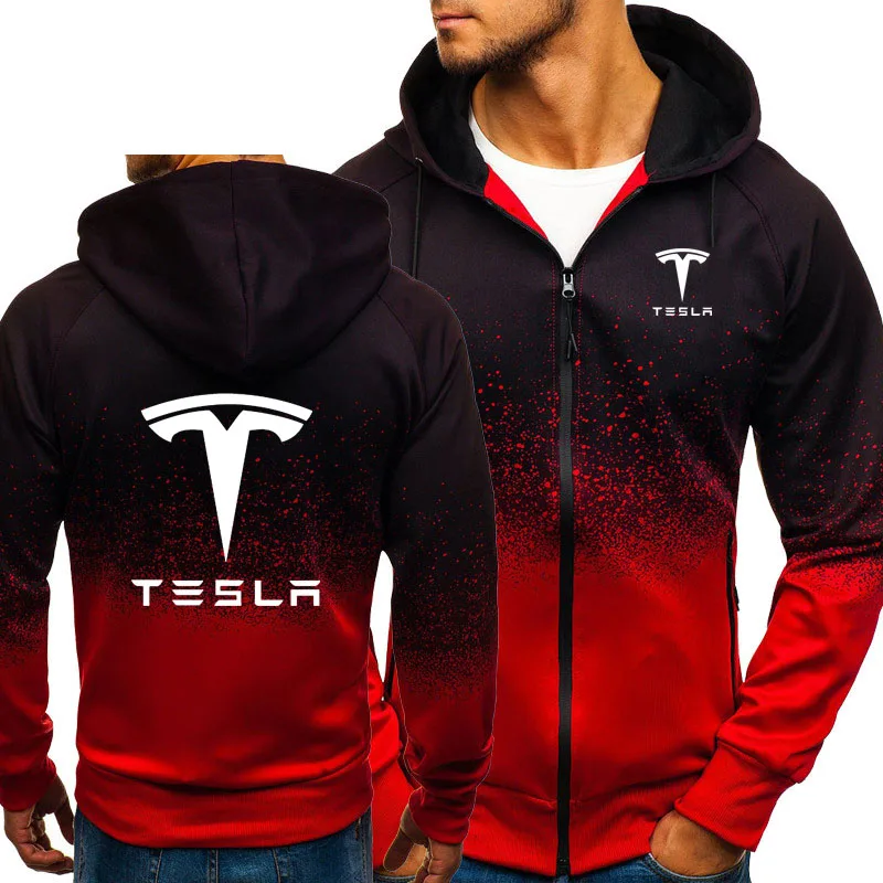Толстовки мужские Tesla с логотипом автомобиля, повседневные Хип-хоп Харадзюку, градиентный цвет, с капюшоном, мужские флисовые толстовки, куртка на молнии, мужская одежда