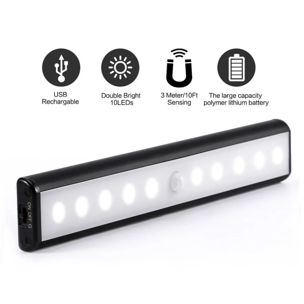 

High Quality Home Wireless Motion Sensor LED Light USB Rechargeable Magnetic Ultra Bright 10 LED 3 Meters 10ft Sensing Light