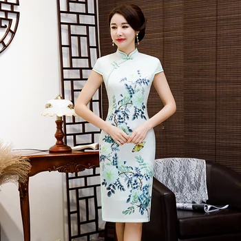 

Summer Printed Women's Rayon Qipao Classic Handmade Button Stage Show Cheongsam Traditional Chinese Evening Dress Oversize 3XL