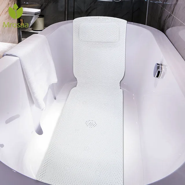 Mrosaa 36*125cm Bath Mats White PVC Large Bathtub Mat Anti-bacterial Non-Slip Suction Cup Bathroom Full Body SPA Bath Pillow Mat