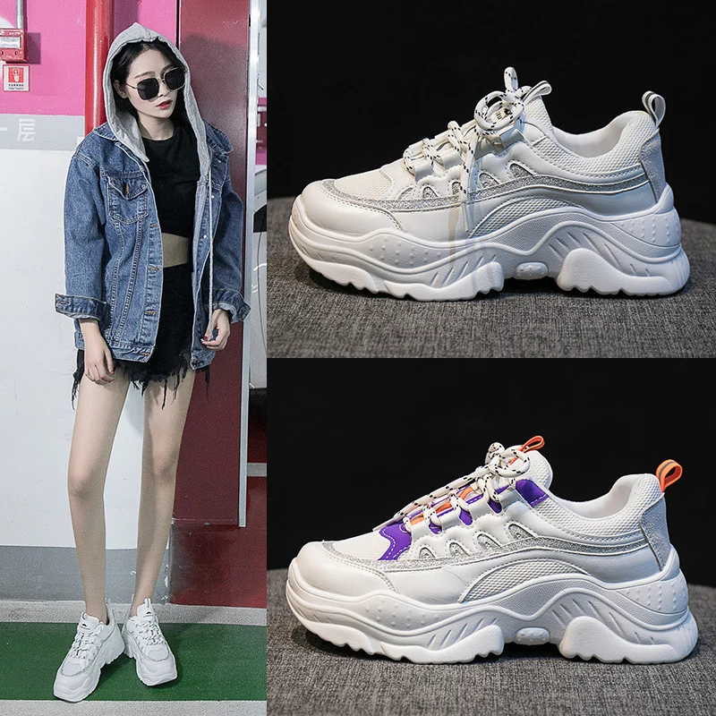 

Harajuku Women Fashion Chunky Sneakers 2018 New Ladies White Casual Shoes High Platform Heels Thick Bottom Flat Students Shoes