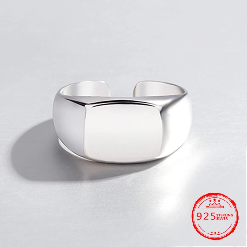 

925 Sterling Silver Man Woman Personality CHIC Simple Light Body Wide Face Square Open Ring Couple Gift