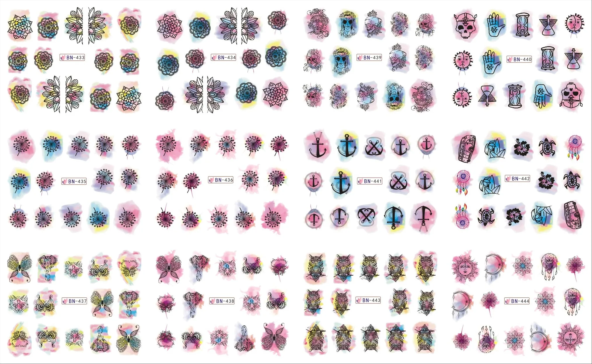 

12 Sheets/Lot Nail BN433-444 Watercolor Buddhist Mandala Dandelion Nail Art Water Sticker Decal For Nail Water (12 DESIGNS IN 1)