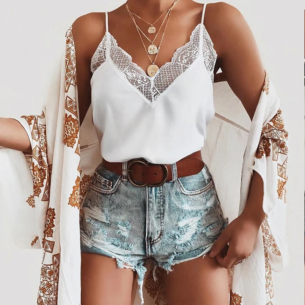 

New style 2019 Fashion Summer sexy chiffon printing Women's Tank tops England style lace V-Neck sleeveless camis Tank tops