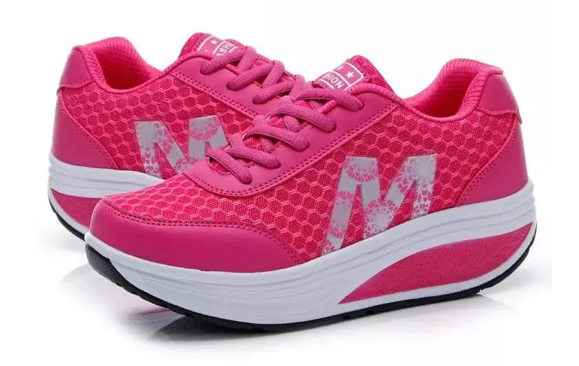 ALDOMOUR Mesh Lacing Women Toning Shoes Thick Soles Height Increased Breathable Wedges Swing Sneakers New Autumn Slmming Shoes