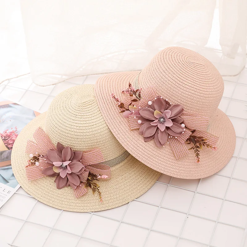 

Fashion Korean version of the pearl flower woven straw hat Women's outdoor shade summer loose sunscreen travel beach hat caps