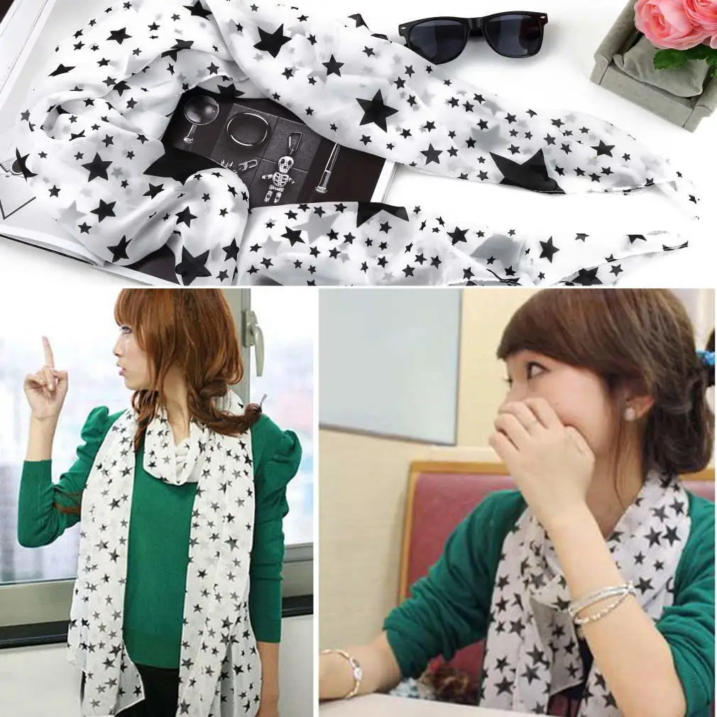 Women Black White Stars Soft Long Chiffon Neck Wrap Kerchief Scarf Stole | Аксессуары для одежды