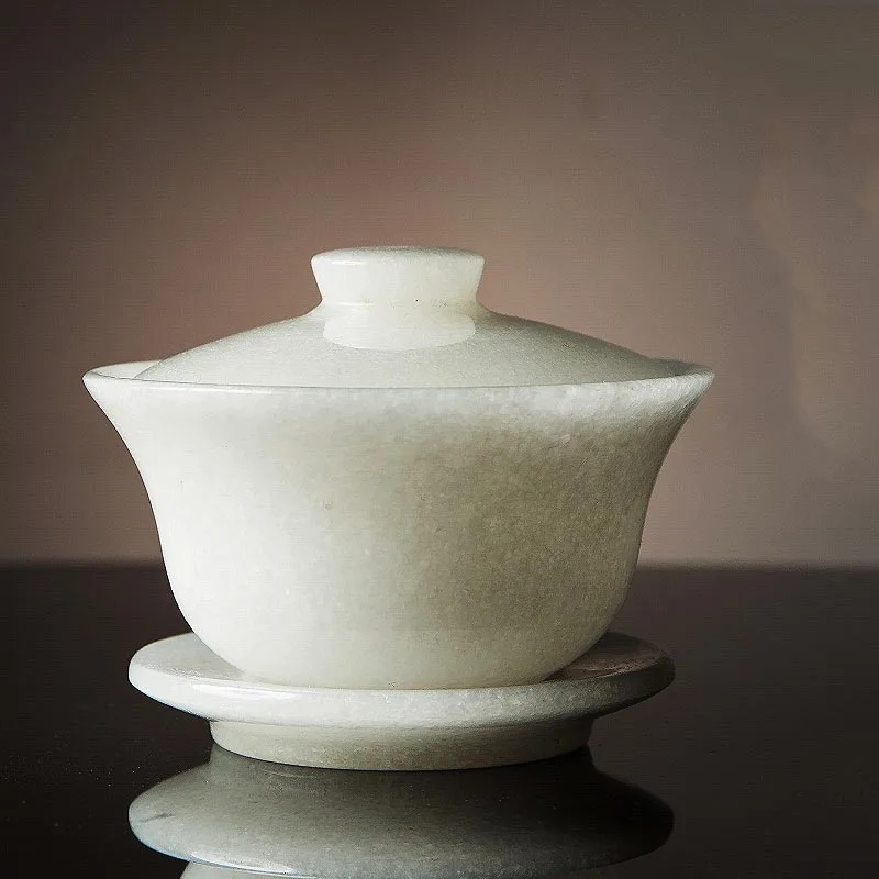 120ml Exquisite Gaiwan Natural White Jade Tea Bowl with Lid Saucer Kit