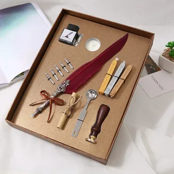 

Wine Red Feather Pen Gift Box Set Luxury Metal Fountain Pen Vintage Quill pens Office Writing Calligraphy ink pen creative Gifts