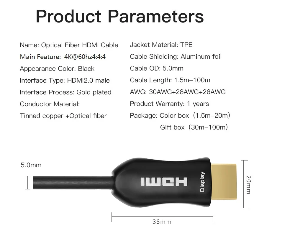 AOC волоконно-оптический кабель HDMI ультра HDR HDMI2.0b 18 Гбит/с, Поддержка 4K60HZ ARC HDR10 HDCP2.2 1,5 метров, 6 mters