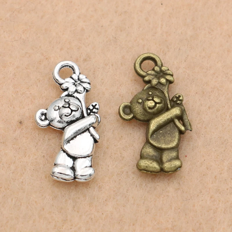 

KJjewel Antique Silver Bronze Plated Flower Bear Charm Fashion Pendant Jewelry Making Diy Jewelry Findings 19x10mm