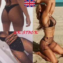 Женские пикантные блестки кристаллическая сетка тонкая Мини Короткая юбка обтягивающее бикини накидка Великобритания