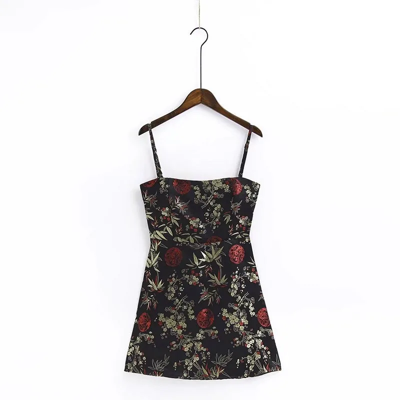 Высококачественное винтажное жаккардовое атласное платье в китайском стиле, тонкое мини-платье на бретельках с открытой спиной, вечерние платья vestido - Цвет: Black Flower