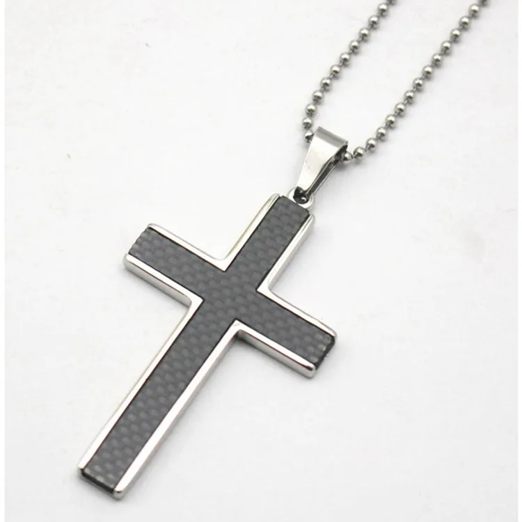 Black Carbon Fiber Stainless Steel Mens Cross Necklace Pendant Silver
