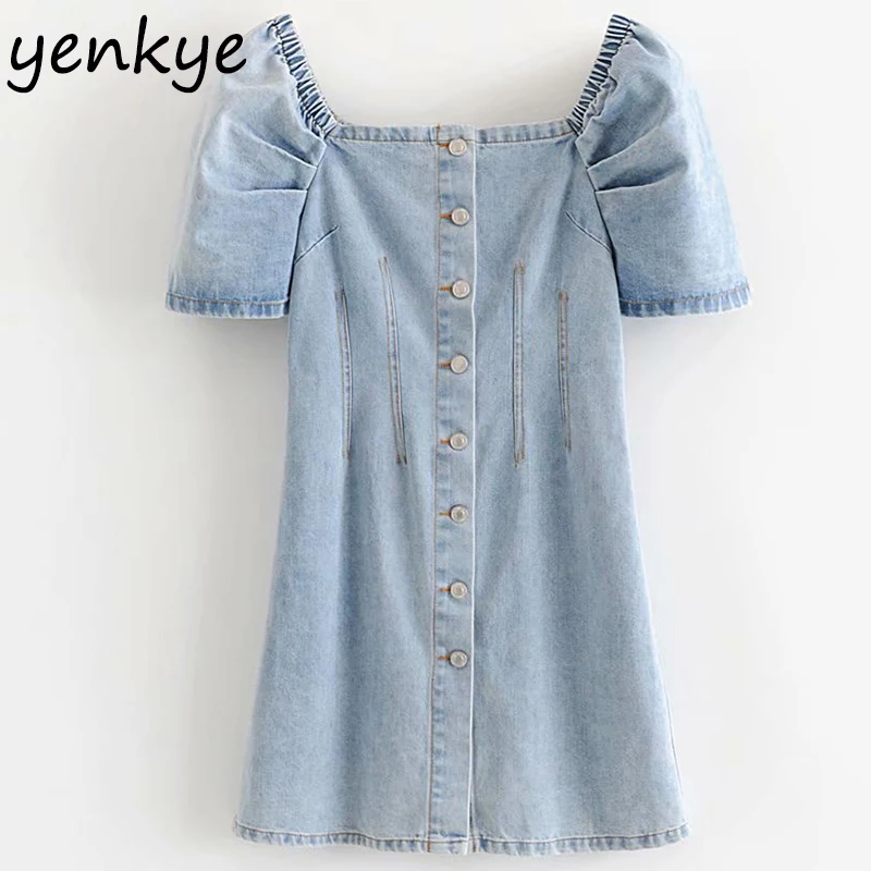 

2019 Women Front Button Vintage Light Blue Denim Dress Women Short Sleeve Square Neck Straight Mini Dress DWDD79113
