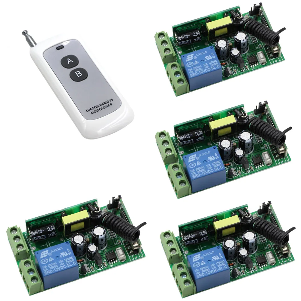 AC 85V-250V Wide Range Output 315/433MHZ 1CH RF Wireless Remote Control System Remote Power Switch Transmitter + 4pcs Receivers AC 85V-250V Wide Range Output 315/433MHZ 1CH RF Wireless Remote Control System Remote Power Switch Transmitter + 4pcs Receivers