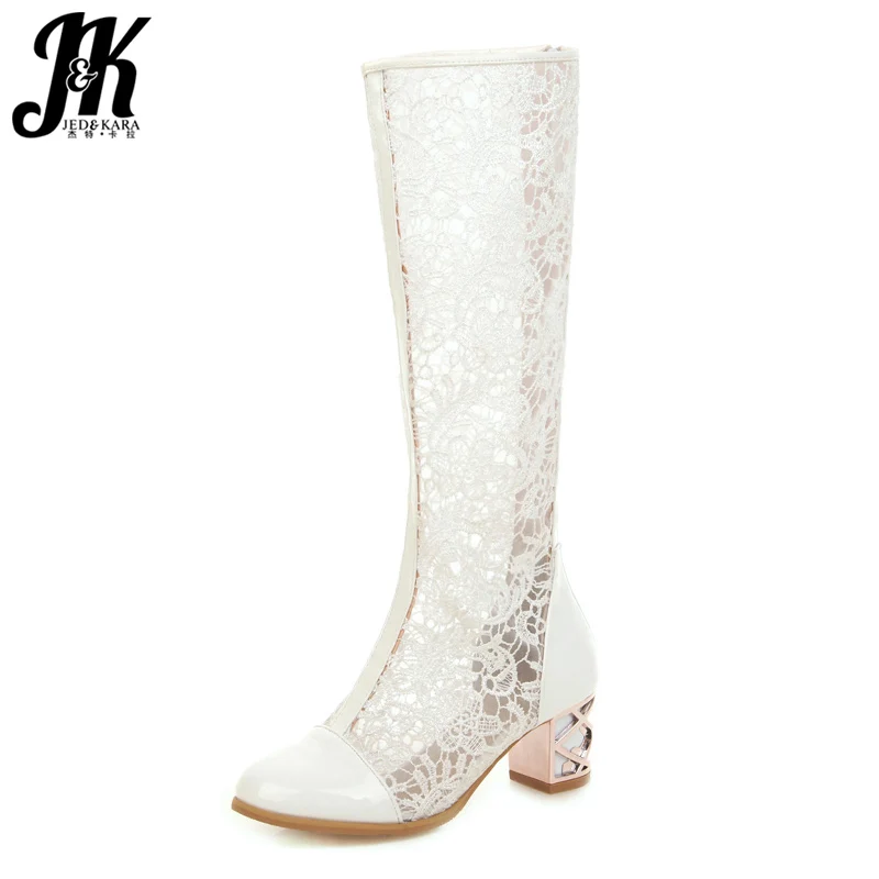 

JK Knee High Boots Women White Lace Summer Boots Solid Strange Style Shoes Female Round Toe High Heels Shoes 2019 Plus Size 48