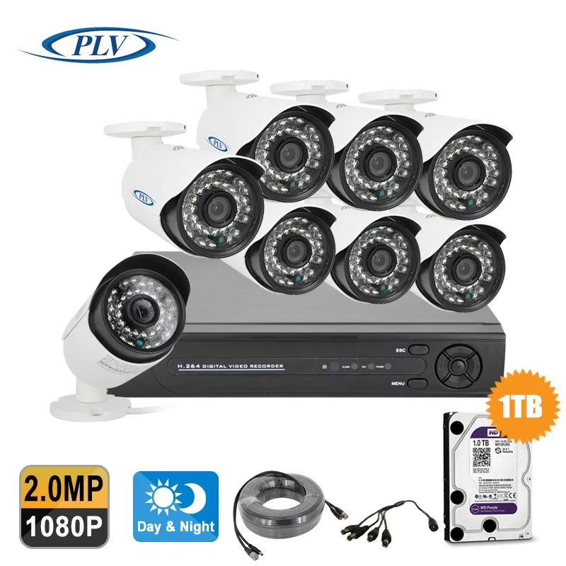 PLV Full HD Outdoor Surveillance Security Camera System 8 Channel 1080P HDMI AHD CCTV DVR Kit 8CH AHD Camera Set + cable hdd