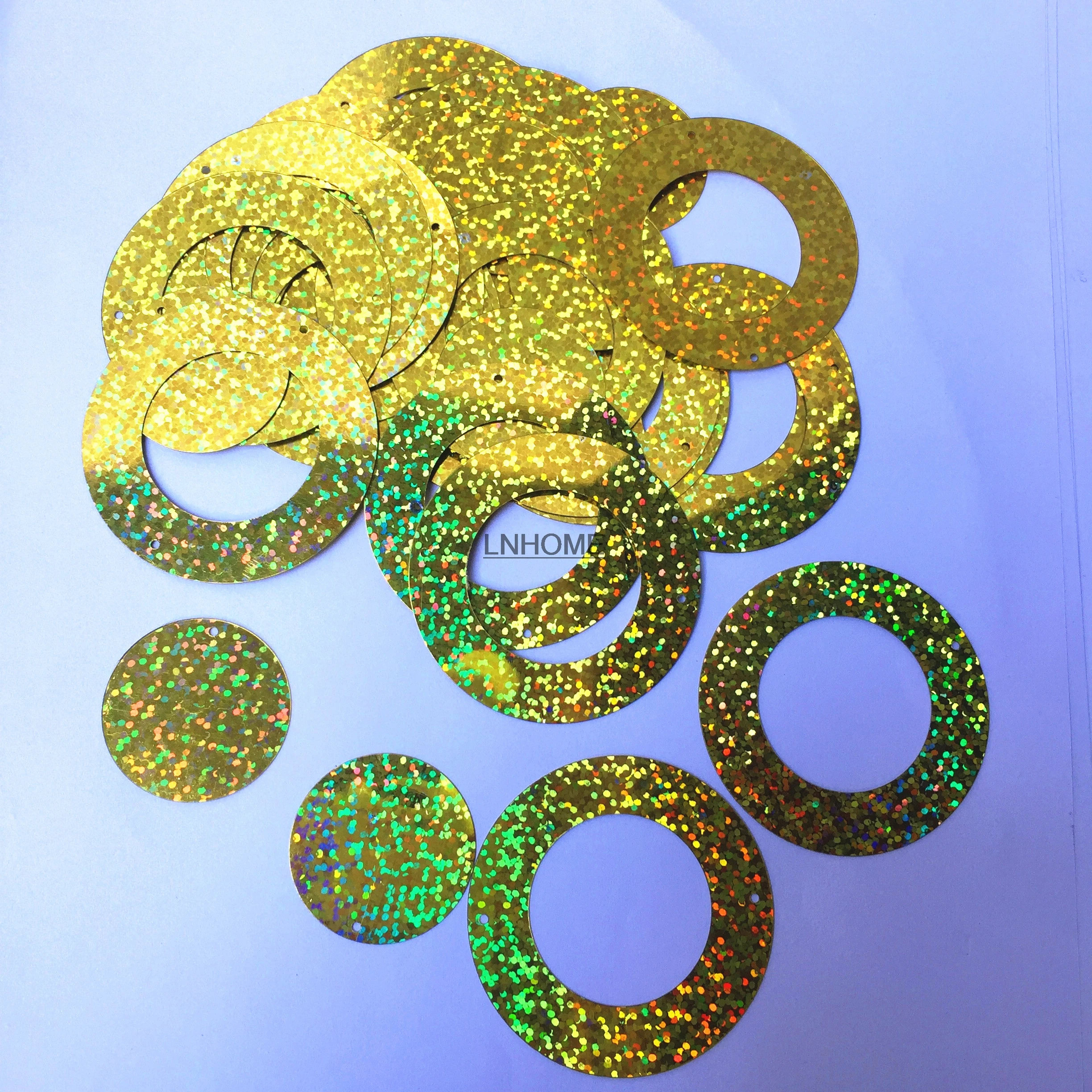 

50g Laser Gold Large Round Circle Sequins 50mm PVC Flat Hologram For Crafts Wedding Decoration 2pcs Set