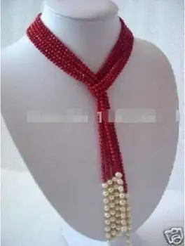 

5 MM Charm of Coral Red and White Pearl Scarf Necklace 50 "