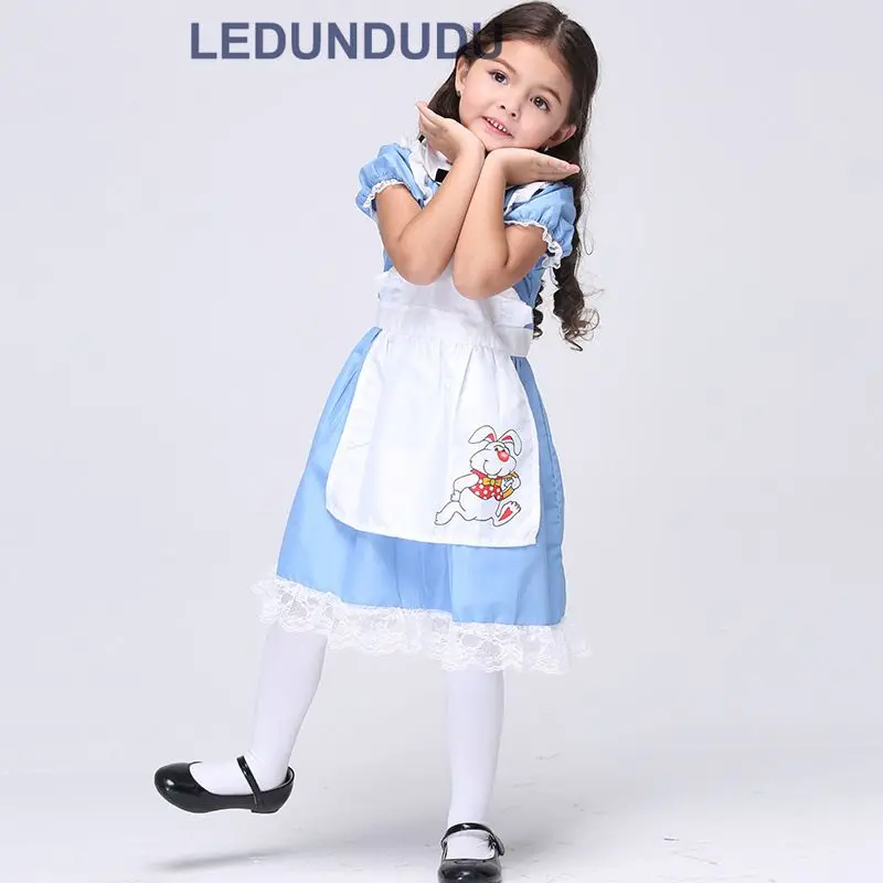 Kids Alice In Wonderland Cosplay Costumes Girls Princess Dress Halloween Party Fancy Suit Clothes Children Blue Maid Clothes (2)