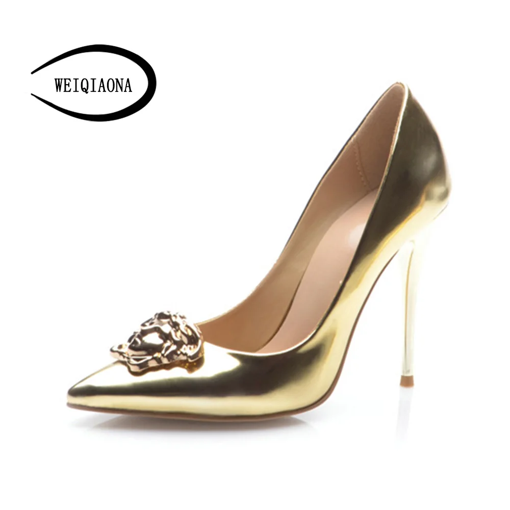 

WEIQIAONA Big size 34-42 Brand Glod Luxury Genuine Leather Women high Heels Pumps Pointed Lady Wedding shoes Party Shoes