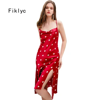 

Fiklyc underwear slash neck knee-length women's heart print summer sleepshirts 2019 luxury nightdress lounge spaghetti straps