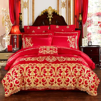 

4/6/9pcs Classic embroidery Luxury satin jacquard wedding king queen size Bedding sets lace Duvet cover Flat sheet Pillowcase