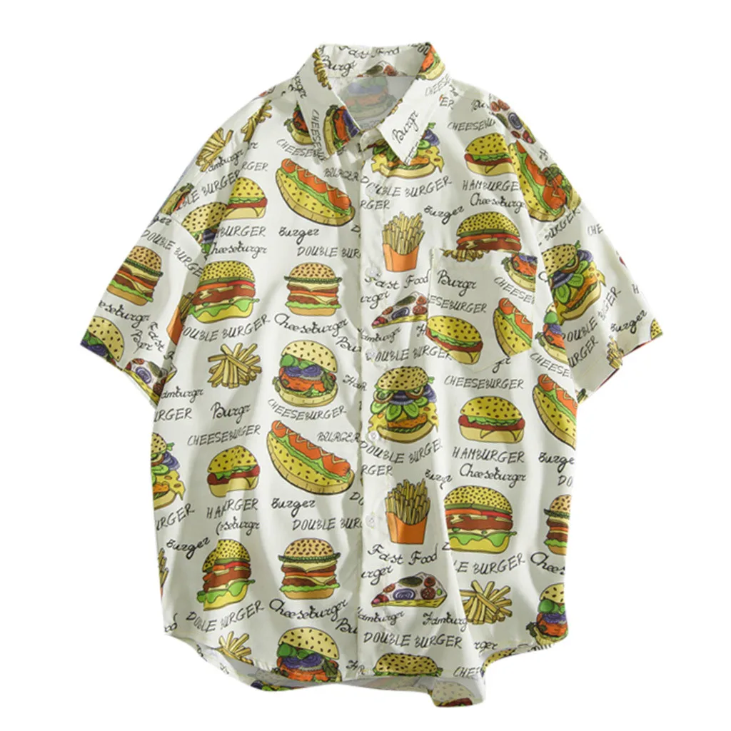 Womail, новинка, мужские летние рубашки с рисунком гамбургера фри, пляжные рубашки, мужские рубашки с коротким рукавом, повседневные летние модные свободные рубашки