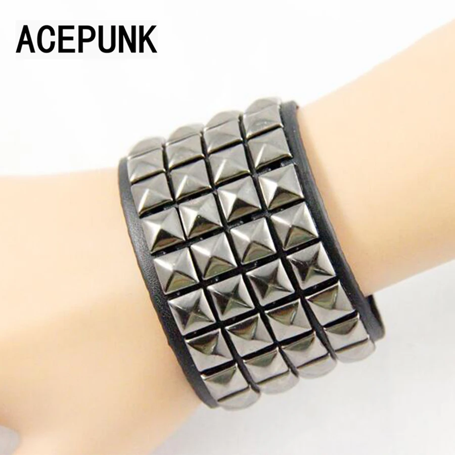 Rivet Wide Bracelet Punk Leather Wristlet Rock 4 Rows Of 9MM Square Nails Wristband Two Buckle Adjustable bracelet jewelry