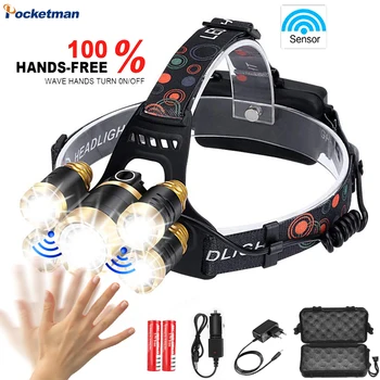 

Motion Sensor LED Headlight Waterproof Headlamp Hands-free T6 Head Light Powerful Rechargeable Head Lamp with 18650 Battery