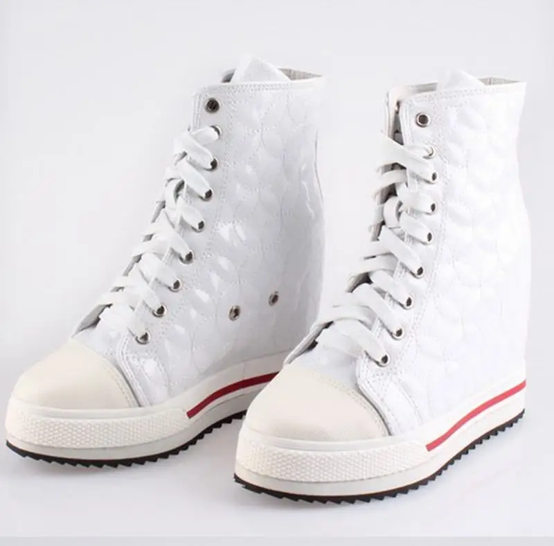 New 2017 women wedge platform hidden high heels lace up high top height increasing ankle boots ladies casual white single shoes