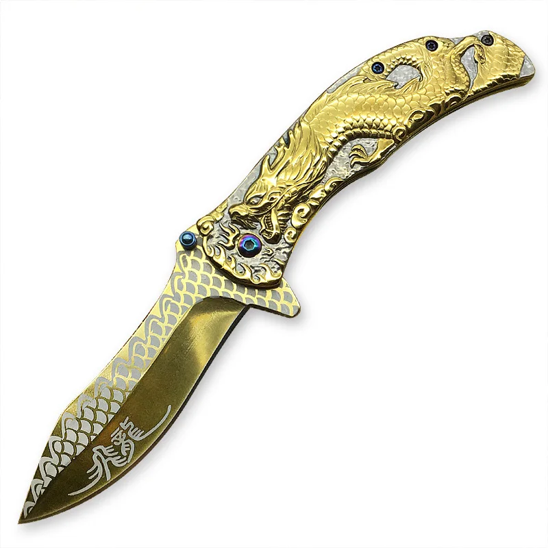 Top рельеф тактический складной нож керамбит дракона тотем охотничий ножи выживание инструмент холодной лезвие нержавеющей стали edc - Цвет: Golden 2