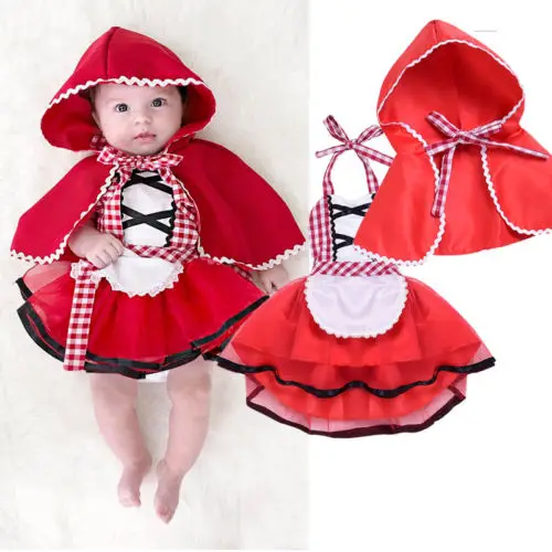 Cute 2Pcs Newborn Baby Girls Tulle Dress Little Red Riding Hood Set Lace Fancy Dress+Plaid Cape Cloak Lovely Outfits Clothes
