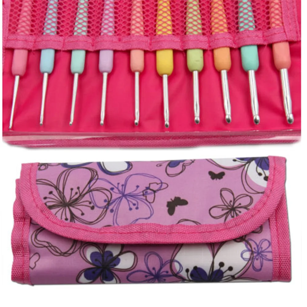 

New Arrival 10 Pcs Sizes 2.0mm-6.0mm New Colorful TPR Soft Handle Aluminum Crochet Hooks Household Knitting Needles Set