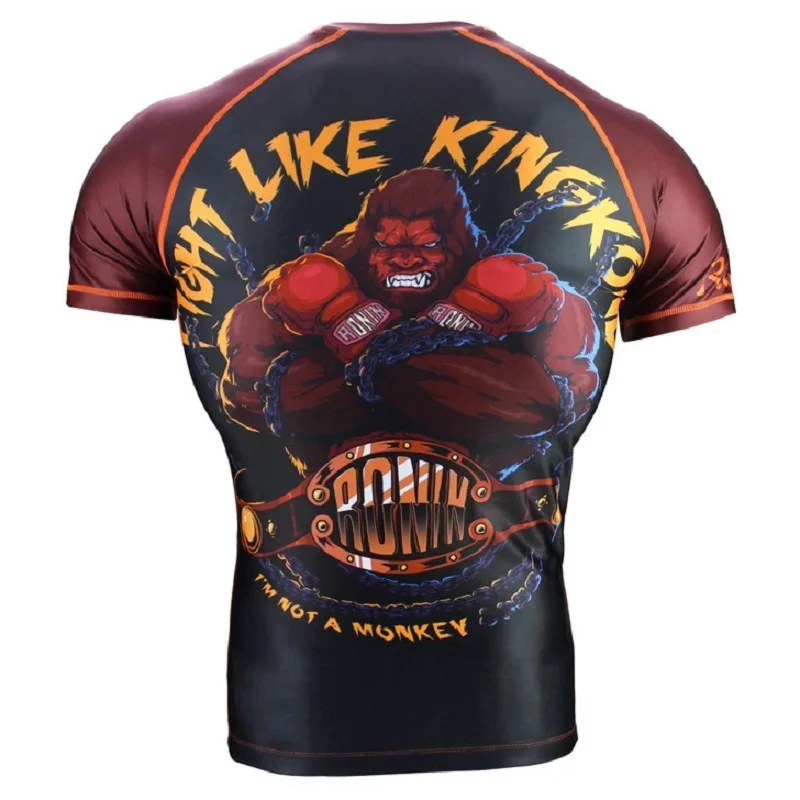 Новые мужские трико для занятий фитнесом и бегом с коротким рукавом MMA Rash guard, топы Muay Thai, дышащие, не скатываются, быстросохнущие, спортивные майки