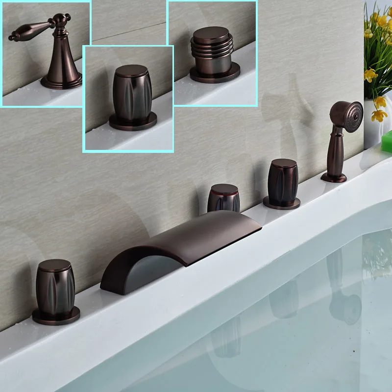 Good Quality 5pcs Deck Mount Waterfall Bath Tub Filler Three Handles Oil Rubbed Bronze Tub Mixer