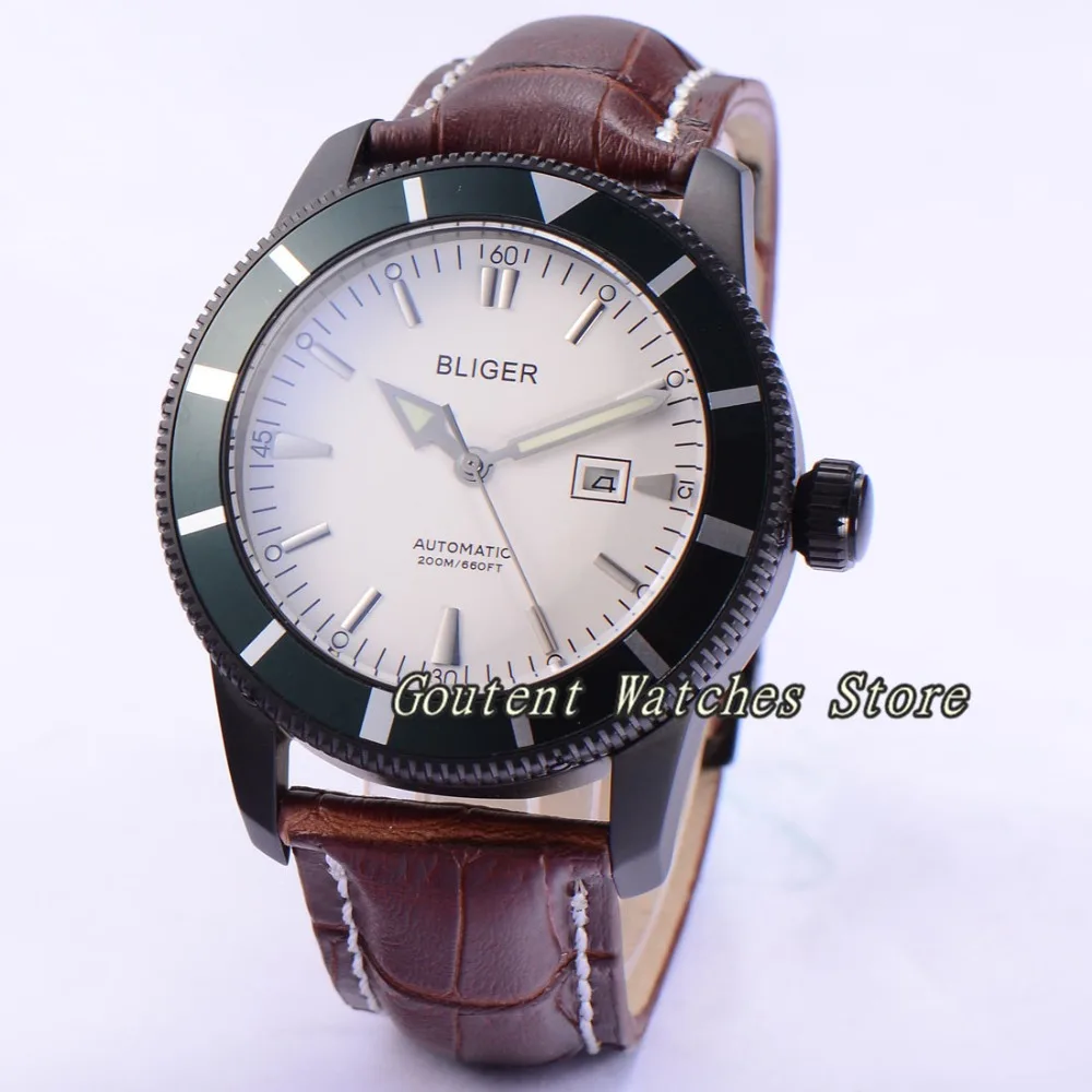 

46mm Bliger White Dial PVD Case Deployment Buckle Leather Automatic Men's Watch