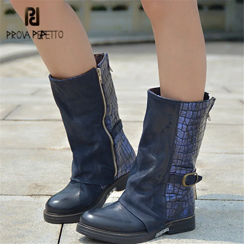

Prova Perfetto Blue Genuine Leather Boots Women Autumn Winter Martin Boot Mid-Calf Platform Rubber Shoes Women High Botas