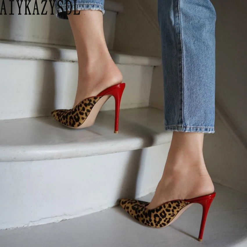 

AIYKAZYSDL Women Leopard Pumps Slides Mules Pointed Toe High Heel Slingback Shoes Stilettos Dress Party Clubwear Fetish Shoes
