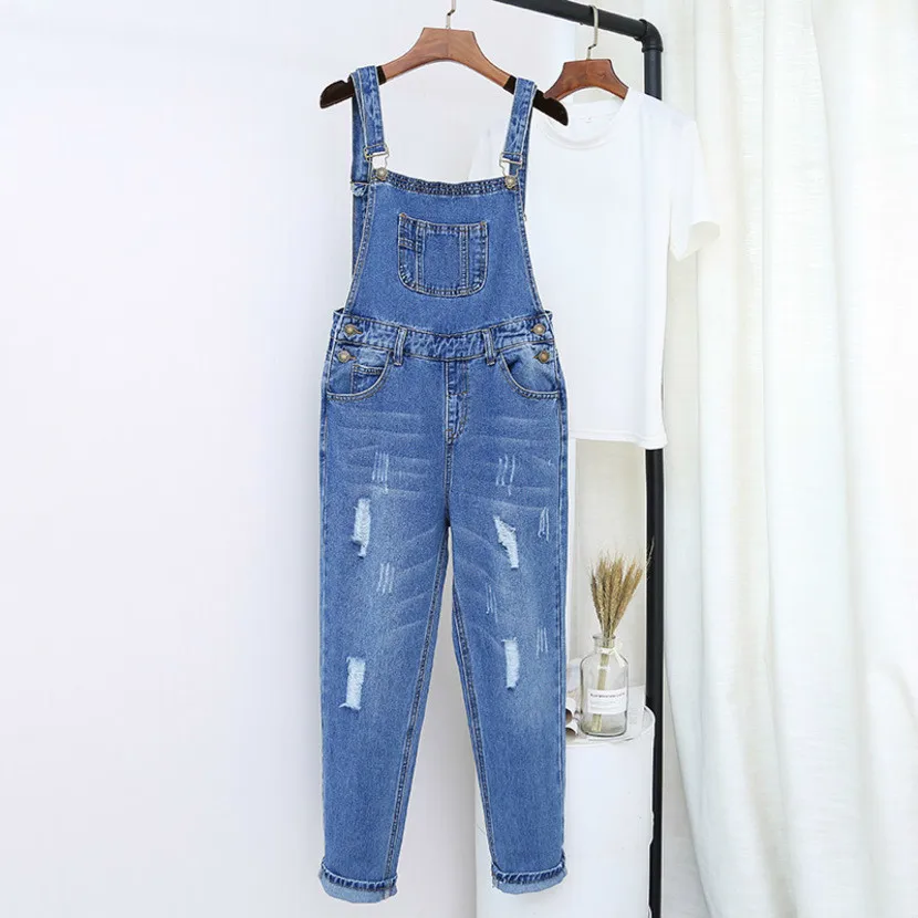 

Spring Summer Women Plus Size Overalls Denim Jumpsuit Blue Fashion Strap Ripped Hole Jeans Female Casual Denim Rompers