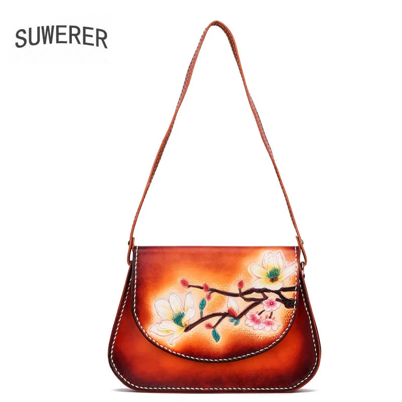 

SUWERER 2019 New women genuine leather bag top cowhide Hand Carved women handbags fashion Luxury bag women leather shoulder bag