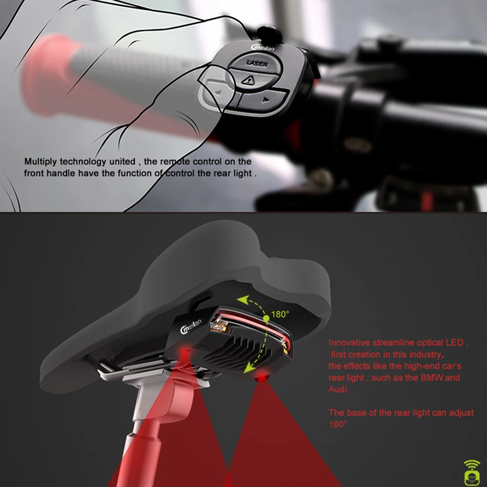Perfect Meilan X5 Smart Bicycle Lights Turn Signal Remote LED Rear Light Wireless Bike Laser TailLight Beam USB Rechargeable Bike Lights 5