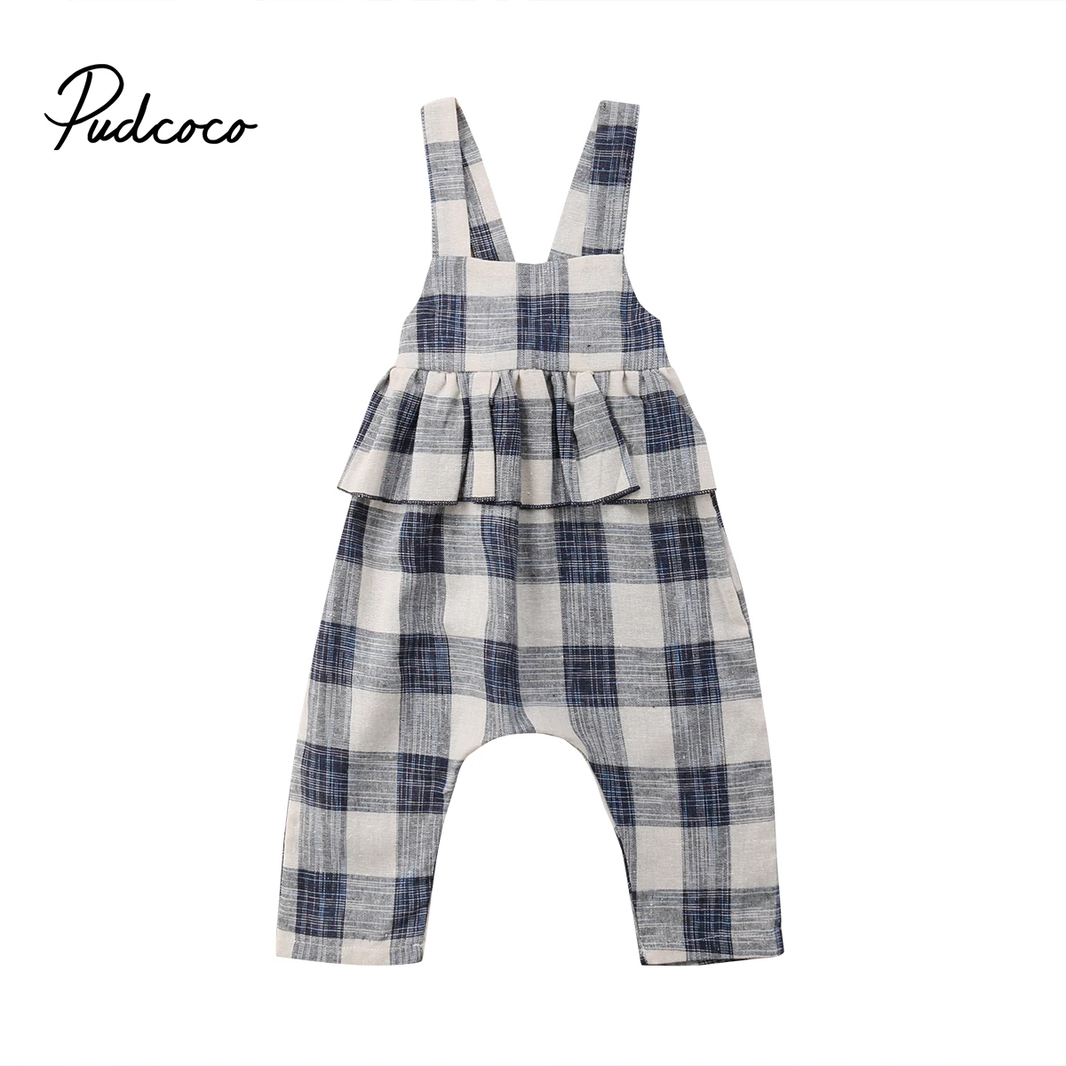 

2-8Y Toddler Kids Baby Girl Sleeveless Backless Ruffles Plaid Overalls Jumpsuit One Pieces Princess Children Clothes