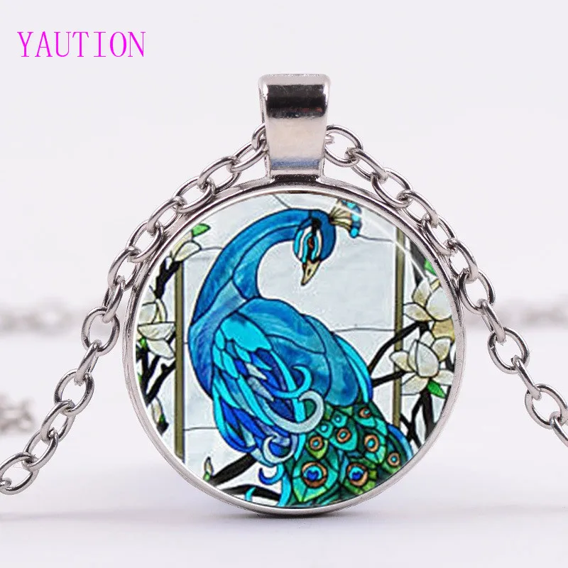 

3/Color Cute Peacock Feather Necklace Locket Pendant Glass Dome Pendants Peafowl Necklaces Bird Statement Animal Jewelry Gifts