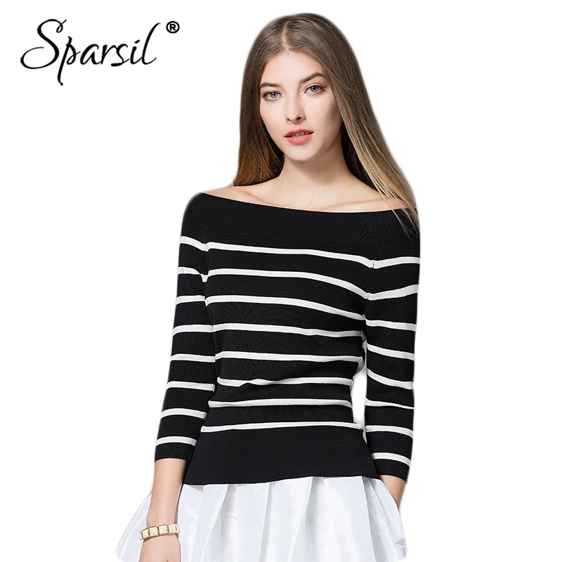 

Sparsil Women Autumn Modal Knitted Pullover Spring Off Shoulder 3 Quarter Sleeve Striped Black Slim Female Knitwear Pullover Top