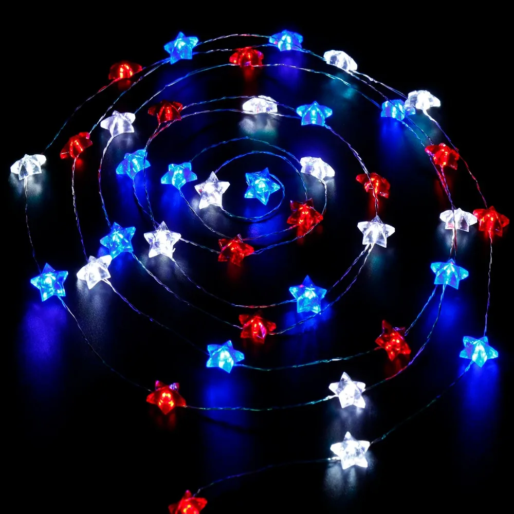 Patriotic 10 ft Red Blue Whit Star String Lights 40 LED Battery Remote